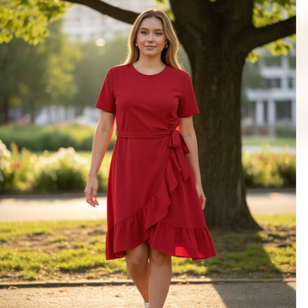 NWT Calvin Klein Short Sleeve Tie Front Ruffle Hem Fit and Flare Dress RED 20W